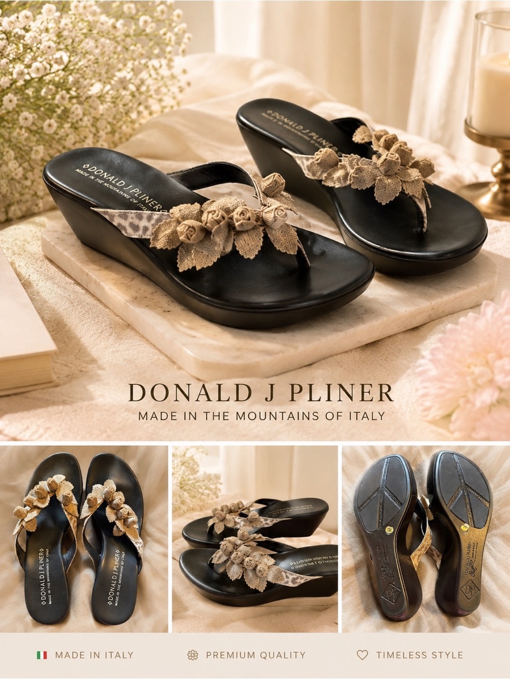 Donald J Pliner Black Wedge Sandals with Beige Floral Accents